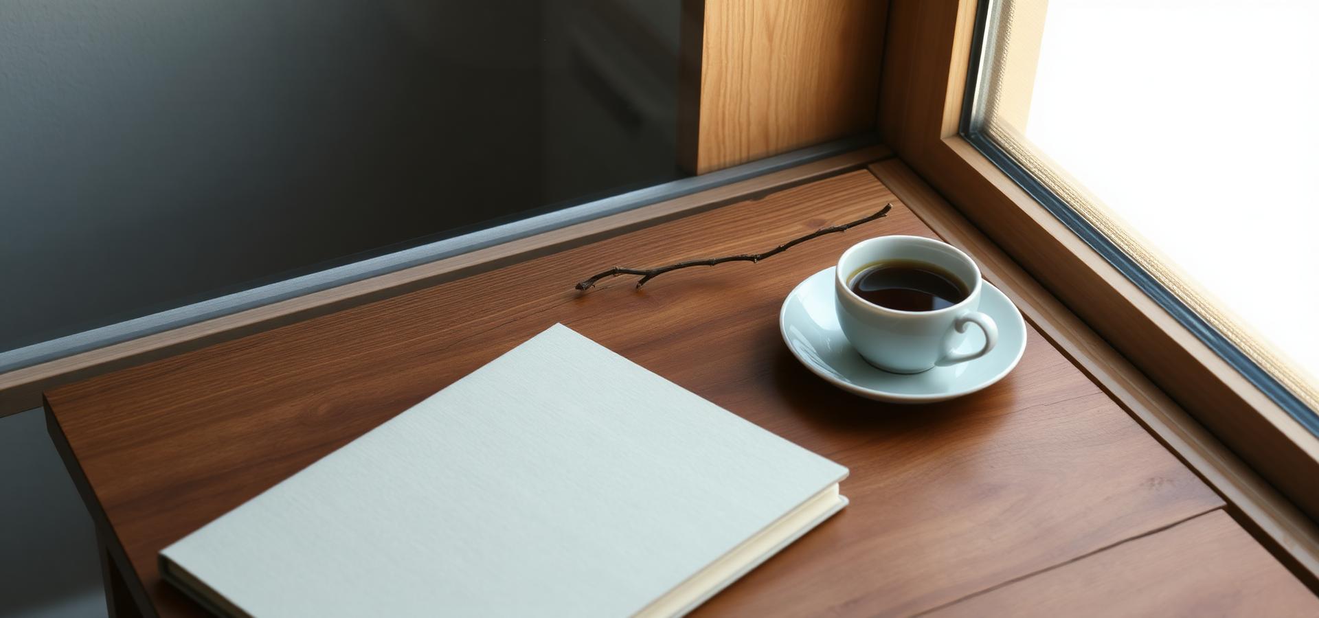 Un cuaderno abierto y una taza junto a una ventana con luz natural