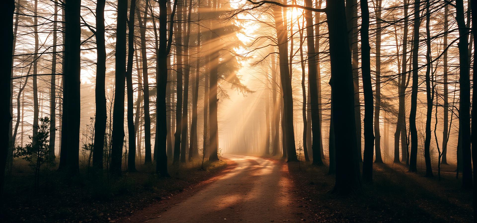 Sendero entre árboles iluminado por la luz del amanecer